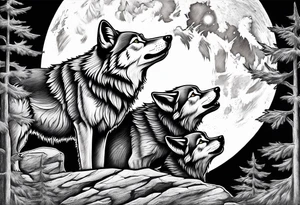 Wolf and cubs howling at moon tattoo idea
