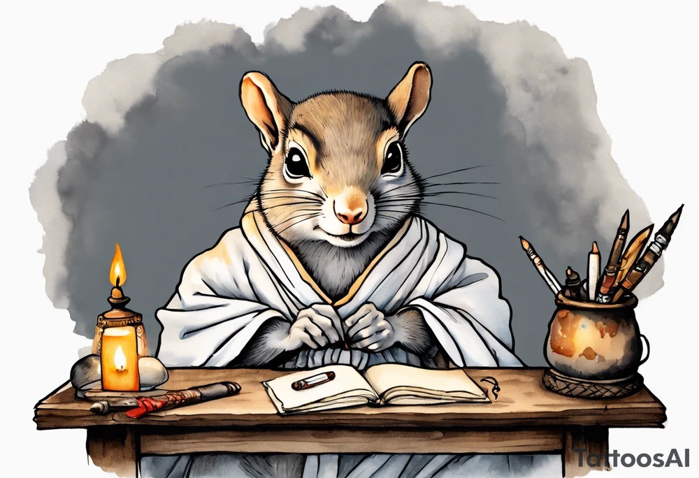 an elderly grey squirrel dressed in a monk robe wearing an eye patch sitting at a desk in the dark holding a quill writing by candlelight tattoo idea