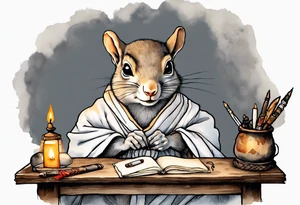 an elderly grey squirrel dressed in a monk robe wearing an eye patch sitting at a desk in the dark holding a quill writing by candlelight tattoo idea