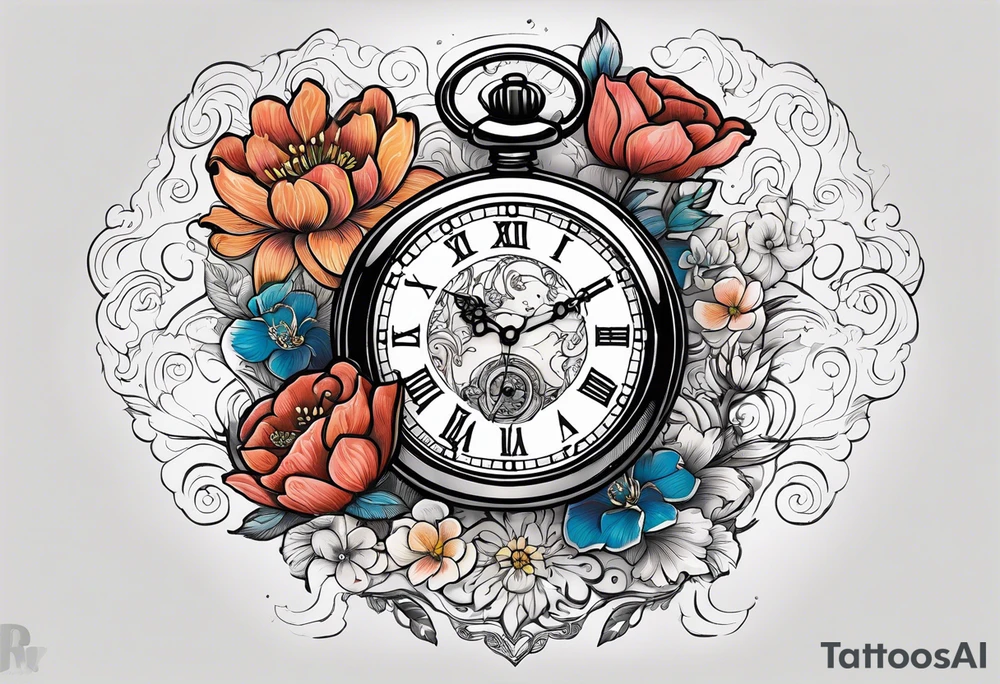 Open Hinged pocket watch surrounded with flowers in remembrance of a deceased friend tattoo idea