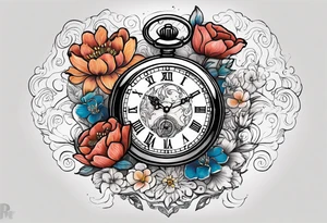 Open Hinged pocket watch surrounded with flowers in remembrance of a deceased friend tattoo idea