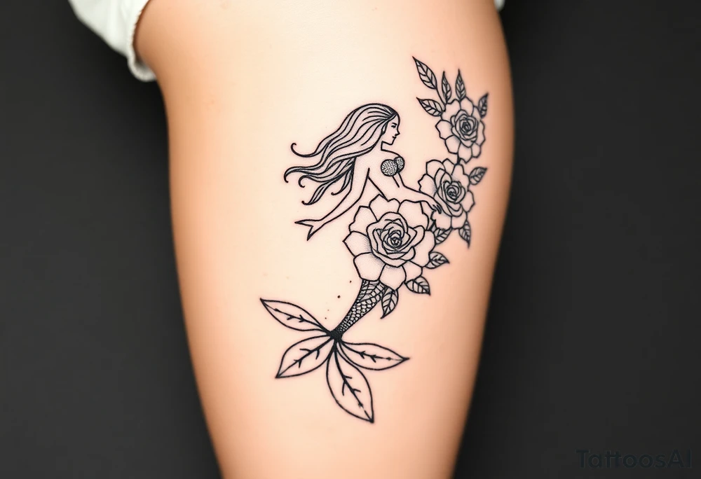 mermaid and sea flowers roses tattoo idea