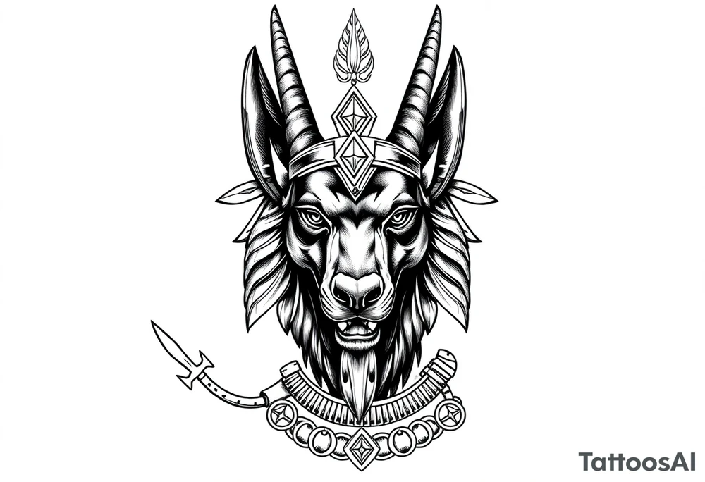 Egyptian Anubis god face muscle in Egypt style  with mantle on head

dog face surrounded Egyptian symbols based on elements tattoo idea
