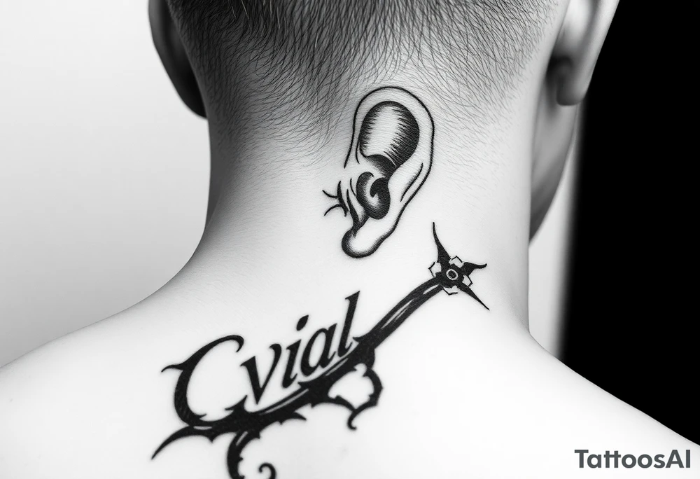 Bold. cover up .saying Evil Side from ear to ear on front of neck. black and white . Devil whisper in ear tattoo idea