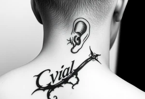 Bold. cover up .saying Evil Side from ear to ear on front of neck. black and white . Devil whisper in ear tattoo idea