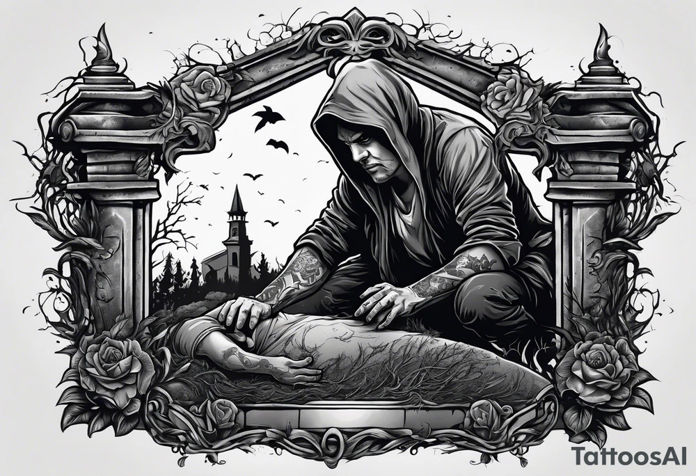 Man crawling out of grave. 
MIW Reincarnate written on gravestone tattoo idea