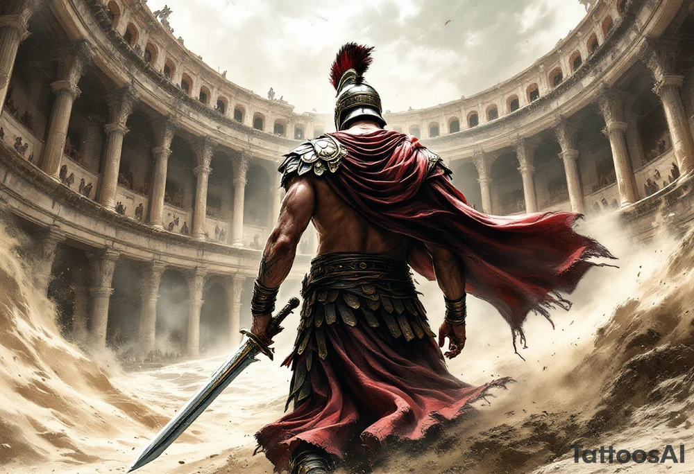 Powerful gladiator roman soldier view back standing full body provocative surrounded in interior colosseum combat sword helmet cape sand wind tattoo idea