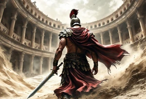 Powerful gladiator roman soldier view back standing full body provocative surrounded in interior colosseum combat sword helmet cape sand wind tattoo idea