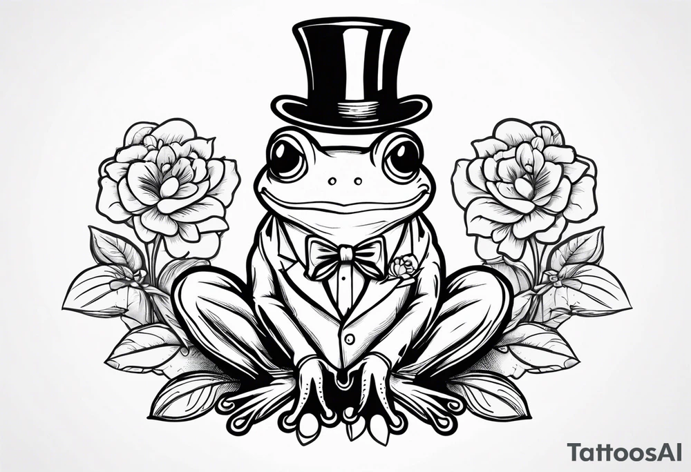 Cute Frog wearing top hat and a suit standing on its Back legs while holding flowers tattoo idea