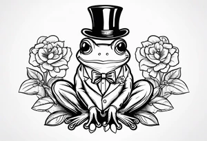 Cute Frog wearing top hat and a suit standing on its Back legs while holding flowers tattoo idea