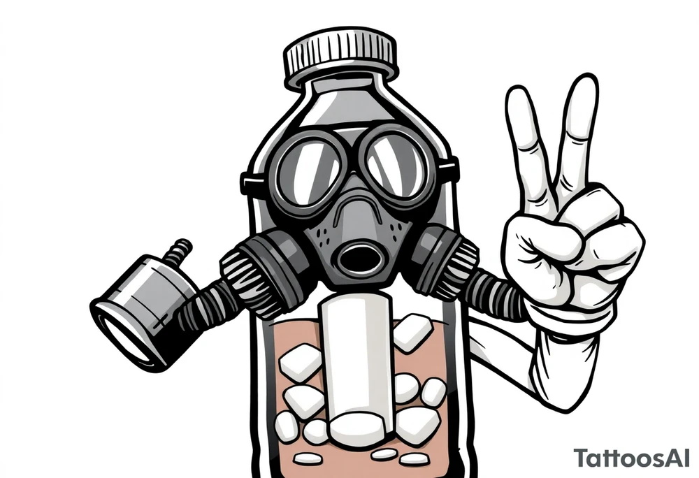 A caricature 2 liter bottle with bulging cartoon eyes and a gas mask on where it’s mouth and nose are supposed to be. Inside the bottle is a lithium battery,and pseudoephedrine tablets, along with a liquid. It has cartoon stick arms with big white gloves one had is holding up his middle finger. It should be dark and grimy looking as if a person had been up for some days and the middle finger on the right hand should be up tattoo idea