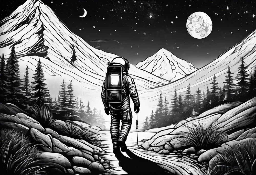 An astronaut using a lantern to walk through beautiful landscape in the dark tattoo idea