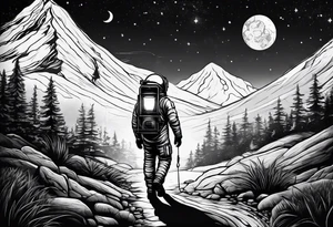An astronaut using a lantern to walk through beautiful landscape in the dark tattoo idea