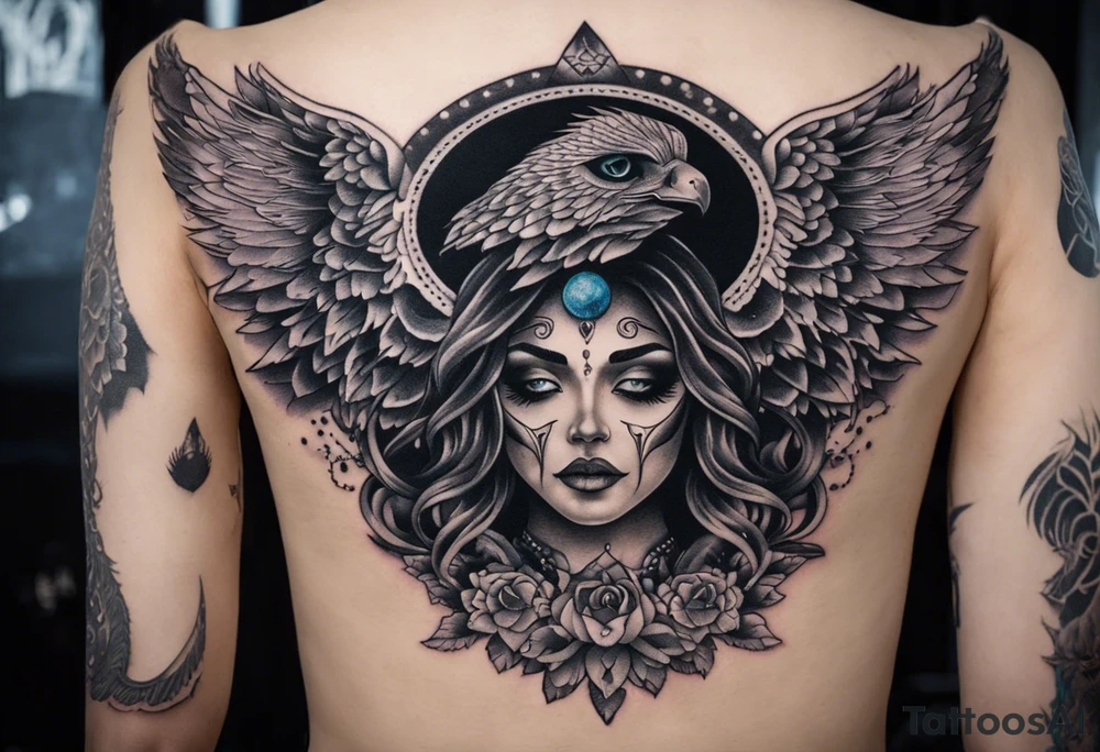 black kali, goddess pirate, alien, angel, pachamama, valkrye, warrior, flying, skull, lotus azul, wing, eagle, zenza resonance, stars, 5D, anahata chakra, death, durga, riding on a tiger, flying lady, kundalini, chest tatoo, rebel tattoo idea