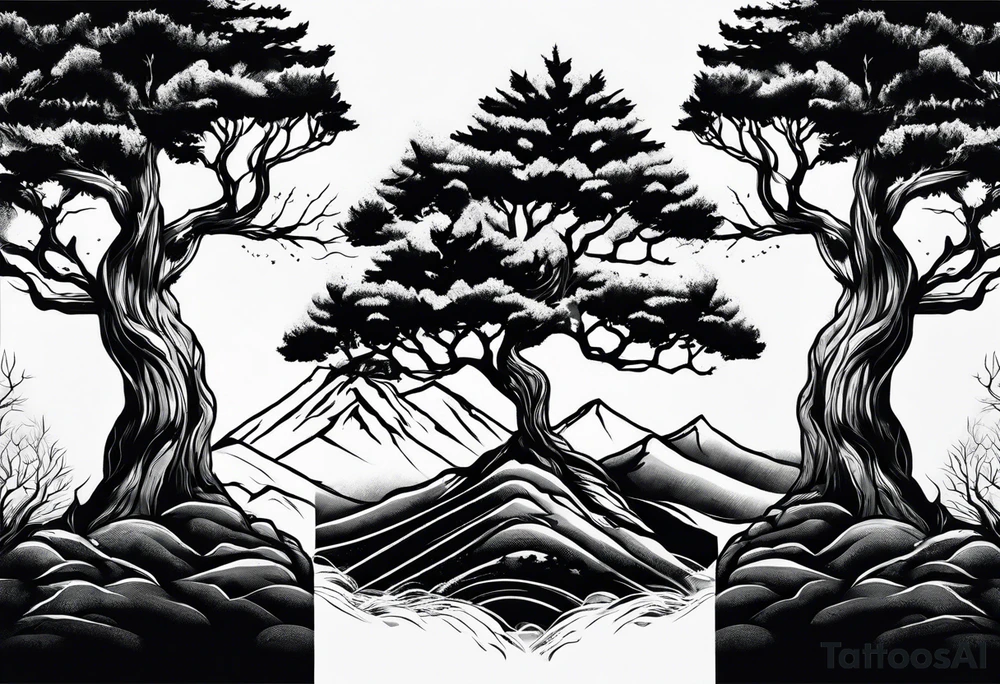 Three mountains three trees with roots tattoo idea Three mountains three trees with roots tattoo idea