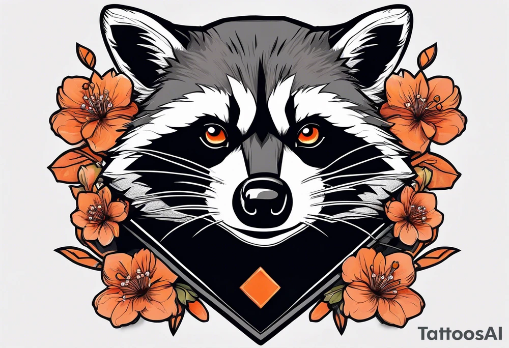 Raccoon wearing a white Superman logo on a black hoodie and orange Japanese cherry blossoms tattoo idea