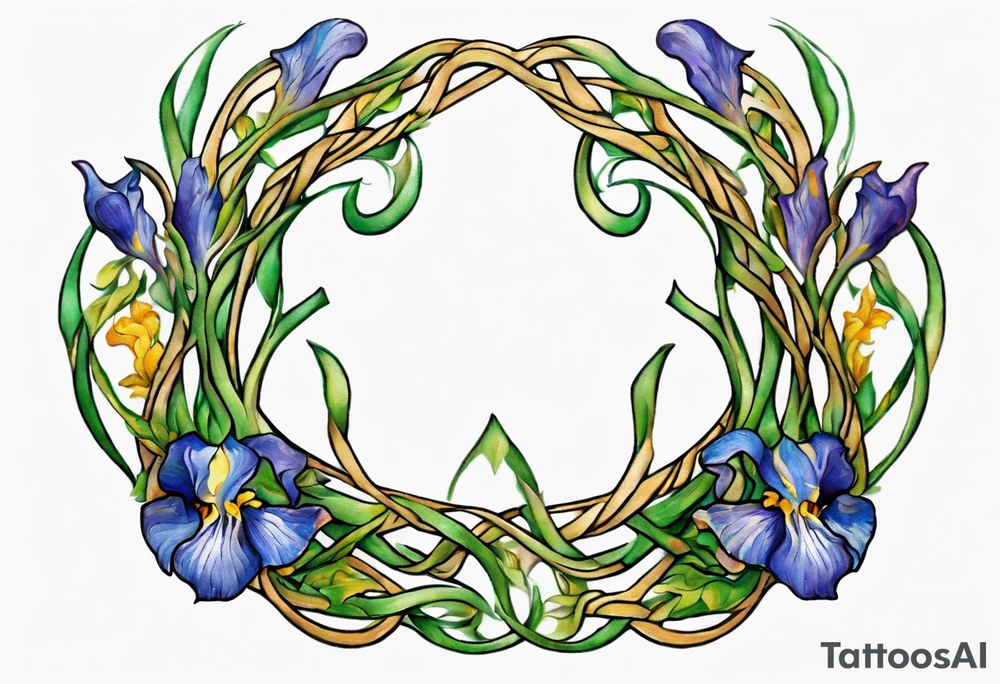 Create a small, colorful Vincent van Gogh Irises tattoo in the form of a crescent, with vines in Celtic knot style gracefully intertwining at a central point in the middle of the wreath. The intended placement is on the upper chest. The middle needs mountains. The overall design should be small in size while maintaining a delicate and artistic aesthetic. Pay attention to the graceful flow of the vines and the placement of the irises to achieve a refined and elegant look. tattoo idea
