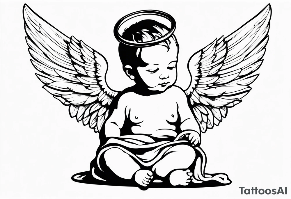 a baby who has angelic wings a robe and a halo in his hand is a concrete drill tattoo idea