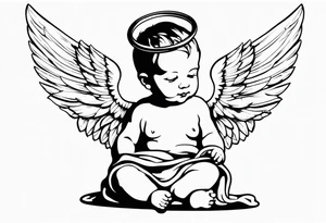 a baby who has angelic wings a robe and a halo in his hand is a concrete drill tattoo idea