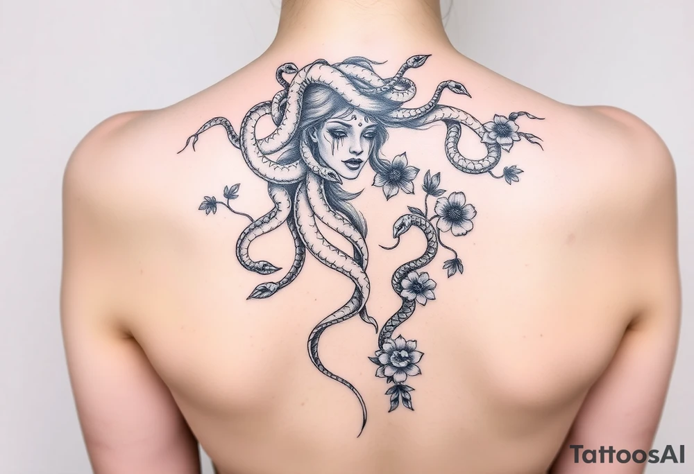 Sad Medusa with tears snakes coming out of hair with flowers and quotes tattoo idea