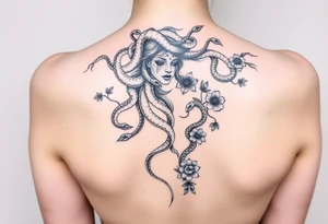Sad Medusa with tears snakes coming out of hair with flowers and quotes tattoo idea