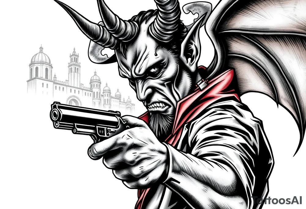 a demon in cowboy,a gun in a hand,old buildings in the background. tattoo idea