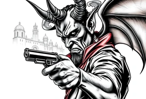 a demon in cowboy,a gun in a hand,old buildings in the background. tattoo idea