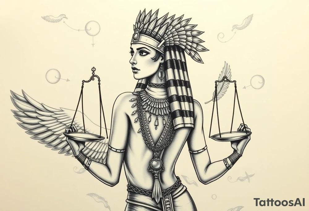 Beautiful Egyptian goddess with a curvy sexy body. She is wearing an ostrich feather headdress, and intricate ancient Egyptian jewelry the Anhk necklace. Background includes something similar to heaven. Incorporate the Scales of Justice—one side holding a heart, the other Ma’at’s feather—glowing with ethereal energy. Emphasize dramatic lighting, deep shadows, and surreal, mystical atmosphere tattoo idea