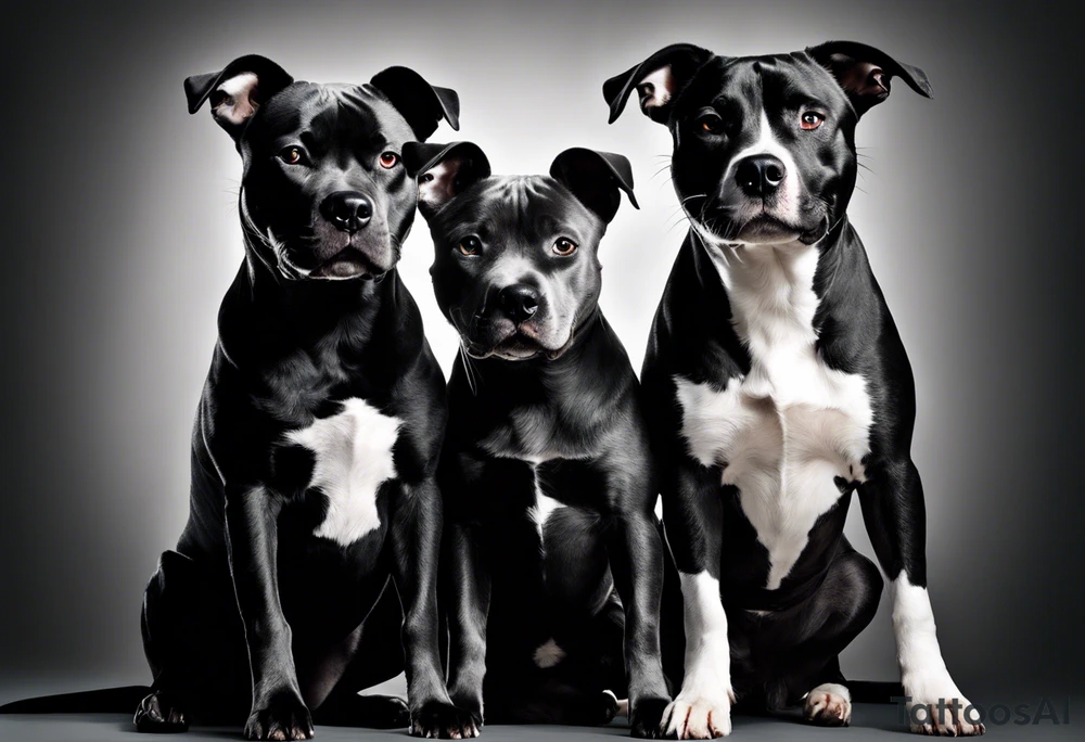 "Design a black and grey tattoo featuring two Staffy dogs, each representing a special date. The first Staffy should have a strong, loyal posture, with a playful but wise expression, and beneath it, the date 'August 5th, 2019.' The second Staffy should appear slightly younger, with an alert, loving look, with the date 'May 18th, 2022' beneath. Both dogs should be surrounded by soft, detailed shading to emphasize their presence.

Additionally, include two beautifully detailed roses, each blooming with significance. One rose should be placed near the first Staffy, with the date '2007' subtly integrated into its petals. The second rose should be positioned near the second Staffy, with the date '2022' hidden elegantly within its design. These roses symbolize two special people, so they should feel delicate yet resilient, merging naturally with the overall composition."

This tattoo will tell a heartfelt story of love, loyalty, and memory with a natural and symbolic flow. tattoo idea