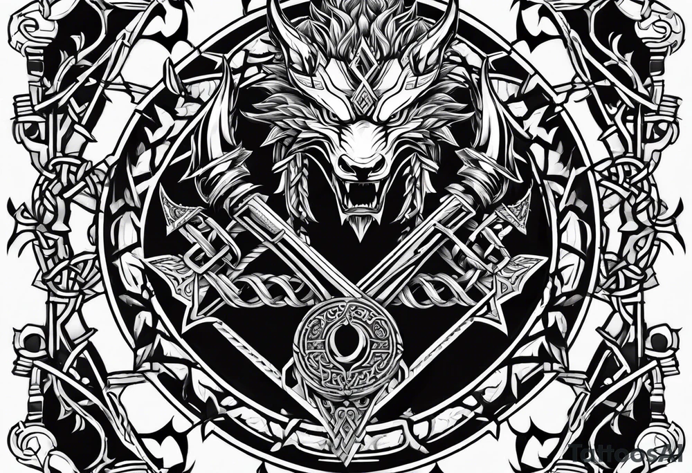 Valhalla sword shield dragon axe Valknut barbed wire chains tribal tattoo idea