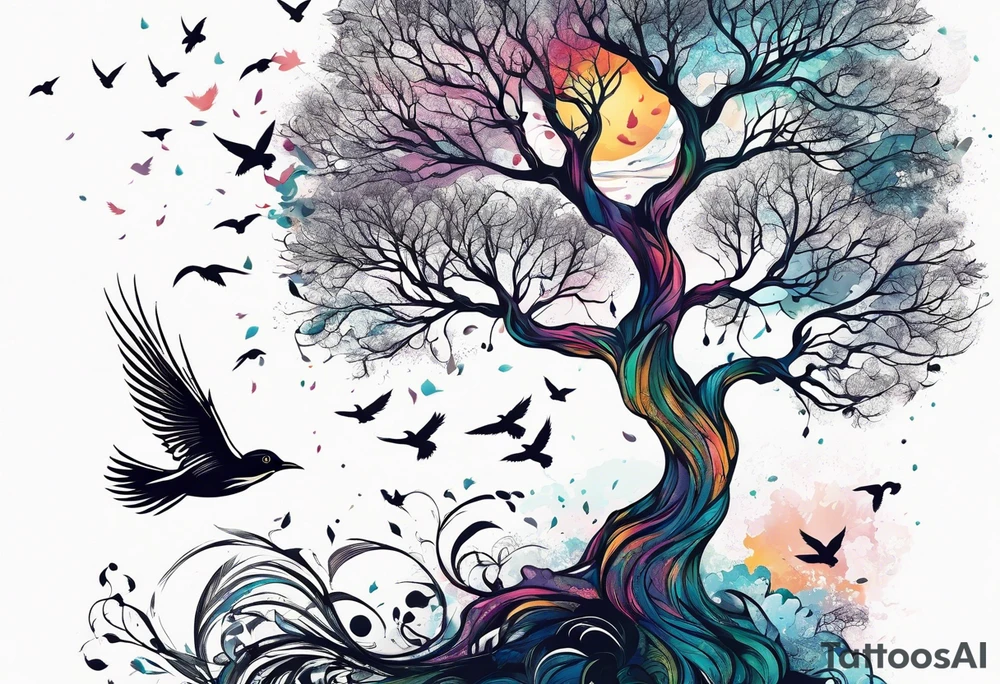 tree flying away bird tattoo idea