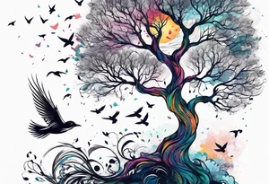 tree flying away bird tattoo idea