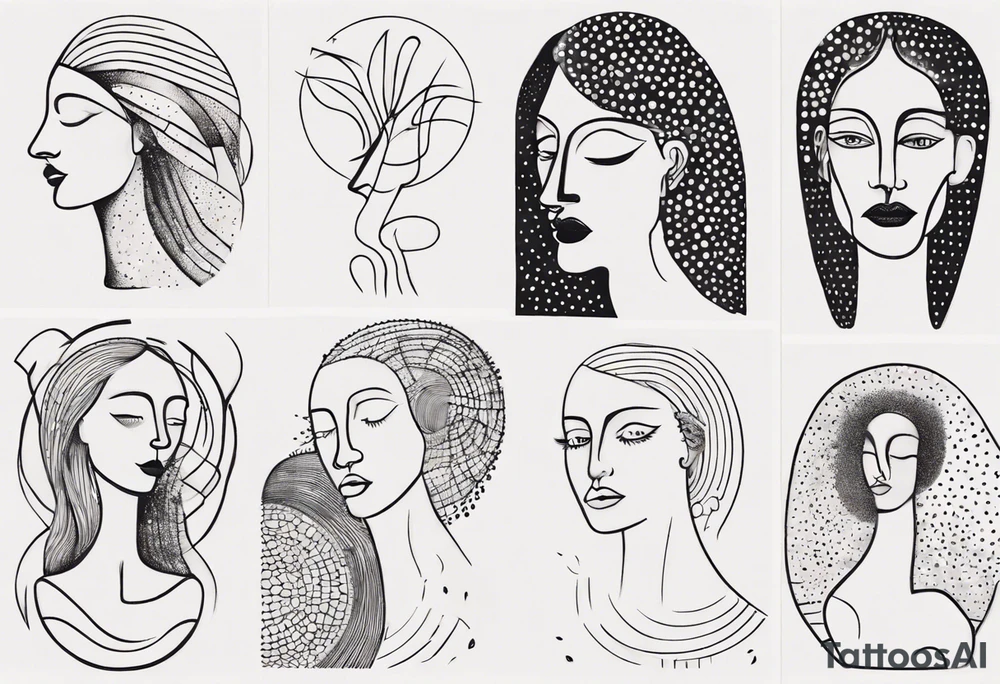 Abstract fine line woman dotwork tattoo idea