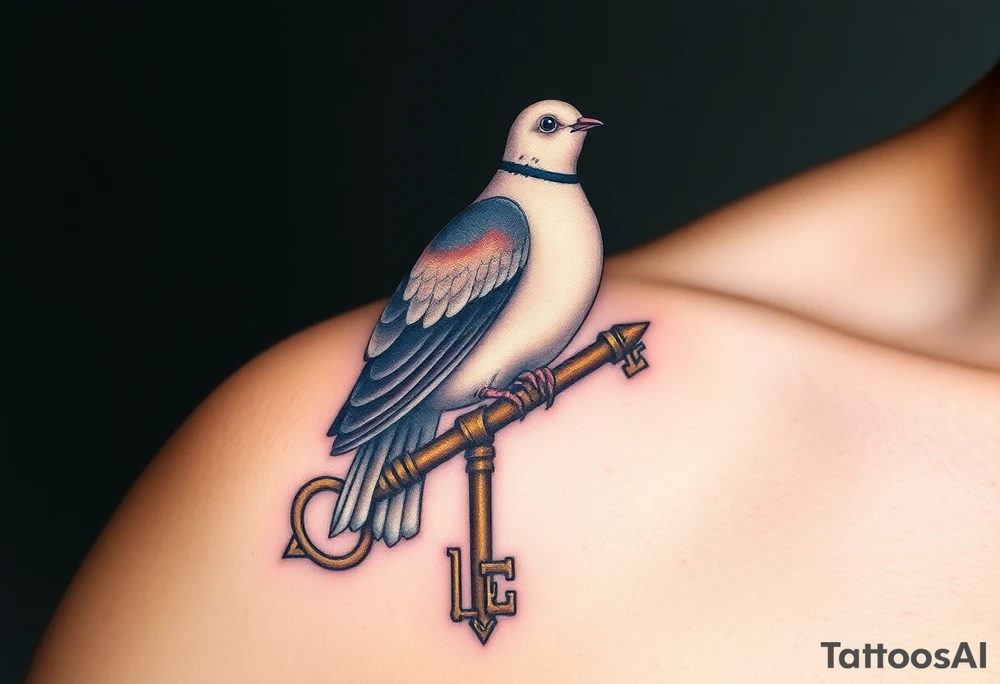 A collared dove perched on a vintage key, with the dove in soft browns and whites, and the key in antique gold, symbolizing love, protection, and freedom tattoo idea