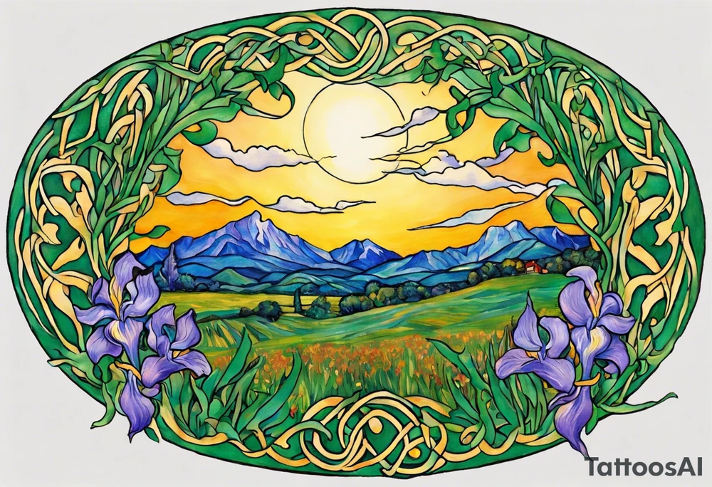Create a small, delicate colorful Vincent van Gogh Irises tattoo in the form of a crescent, with vines or Celtic knots gracefully intertwining at a central point in the middle of the wreath.  In the middle of the wreath are mountains and other items found in New Mexico. Ensure that the design avoids the appearance of a bush and maintains a more structured and deliberate arrangement. The intended placement is on the upper chest. The overall design should be small in size while maintaining a delicate and artistic aesthetic. Pay attention to the graceful flow of the vines and the placement of the irises to achieve a refined and elegant look. tattoo idea