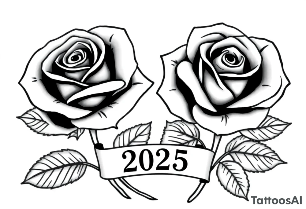 two beautiful large rose buds, one larger than the other, with many leaves next to the rose buds, with one sitting slightly higher than the other, side-by-side.  Include a banner connecting the two roses with the year 2025 on it.   Use dark outlines with little shading. No stems tattoo idea