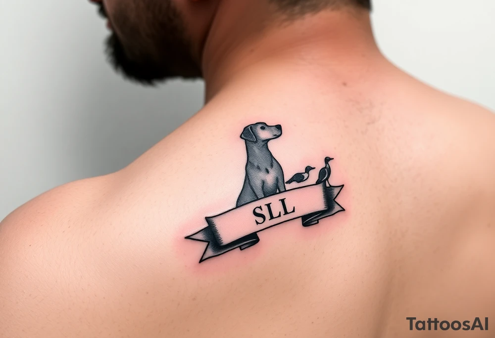 Small forearm Hunting tattoo featuring an upland dog silhouette, Italian flag and American flag, SSL initials inside a banner, with some ducks in sky tattoo idea