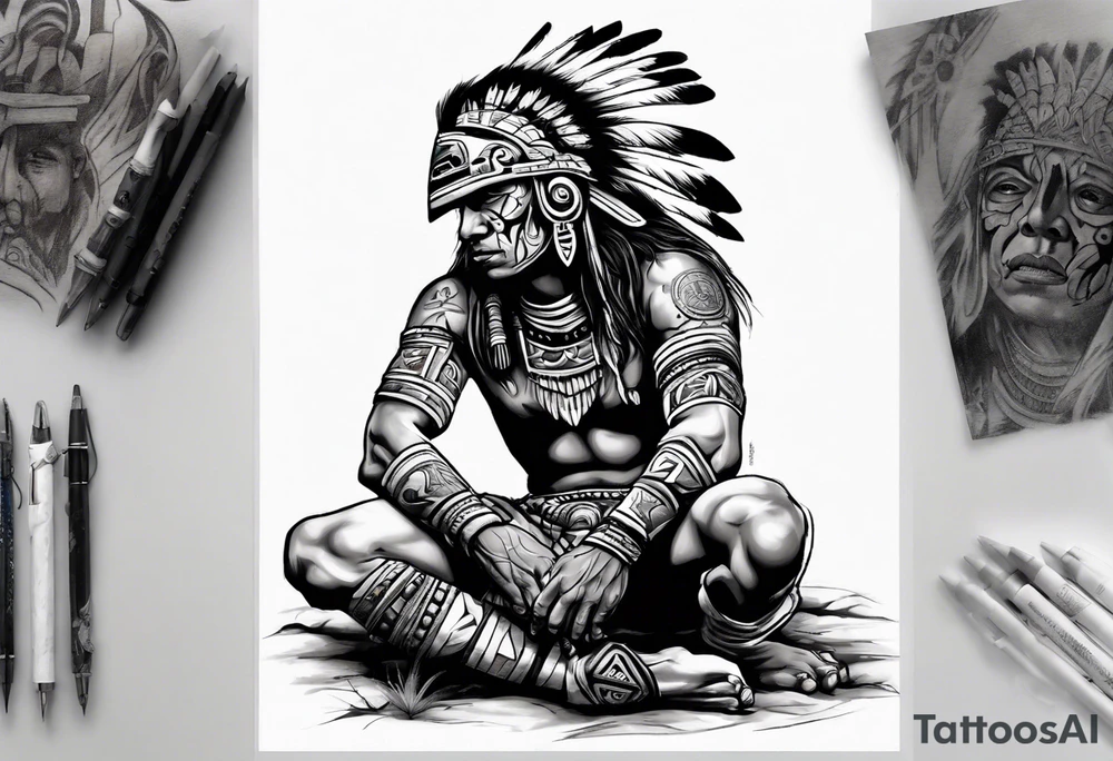a heartbroken, tired, aztec warrior seeking peace after fighting for decades kneeling under the moonlight looking up to the sky tattoo idea