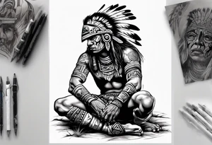 a heartbroken, tired, aztec warrior seeking peace after fighting for decades kneeling under the moonlight looking up to the sky tattoo idea