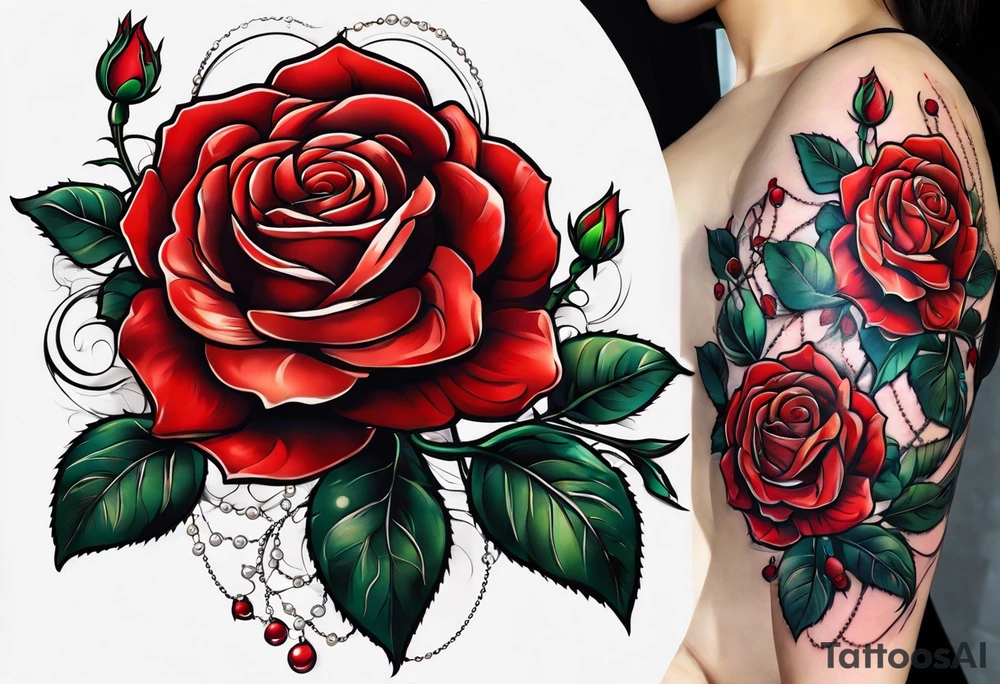 Red rose with a pearl necklace tattoo idea
