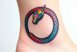 A prism-like Ouroboros snake forming cyrcle with iridescent rainbow hues, changing colors depending on the angle of light. tattoo idea