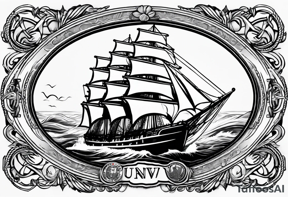 sailing ship in rough seas in oval with rope border super imposed over crossed cannons with banner that says US Navy tattoo idea