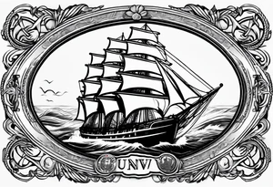 sailing ship in rough seas in oval with rope border super imposed over crossed cannons with banner that says US Navy tattoo idea