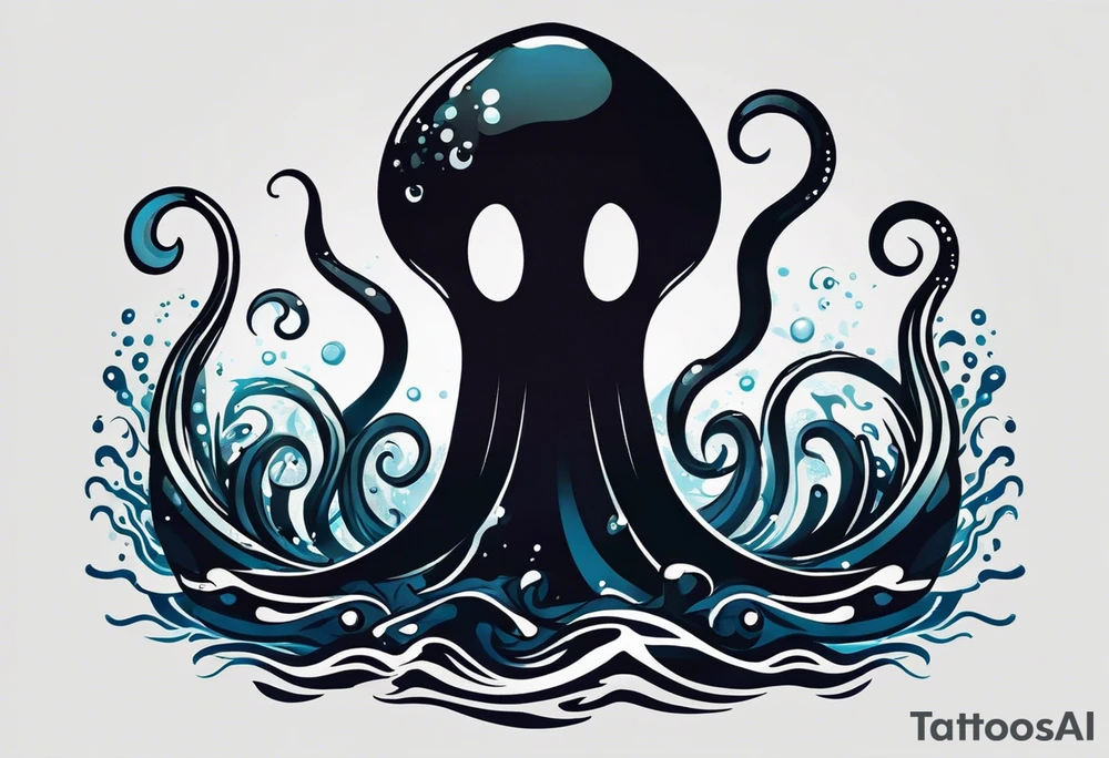 A visual representation of the horror squid concept, showing the squid becoming invisible in ink, its body turning black to blend in with its deep sea environment. The overall environment is dark, creating an eerie underwater atmosphere. tattoo idea