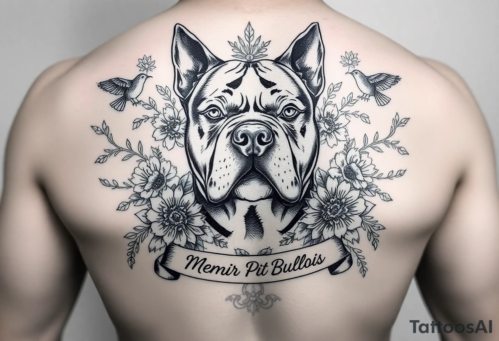 Memorial pit bull, surrounded by floral ornaments and birds and words tattoo idea