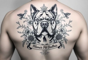 Memorial pit bull, surrounded by floral ornaments and birds and words tattoo idea
