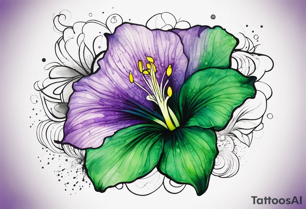 An outline of a green rio dipladenia flower and a green and purple watercolor splash in the background tattoo idea