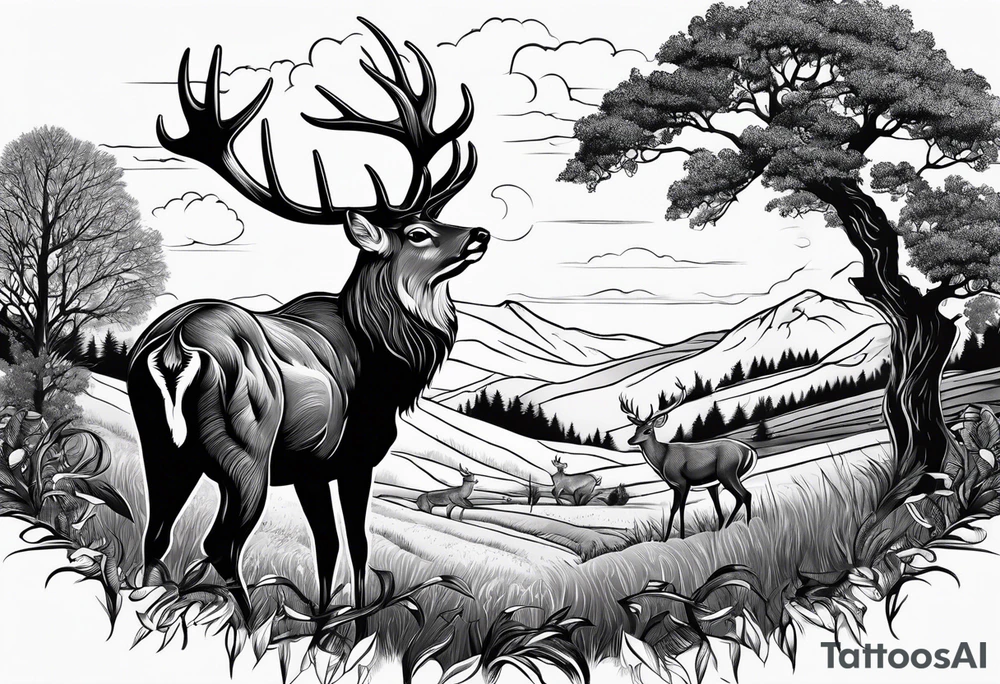 Country scene with deer tattoo idea