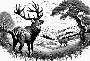 Country scene with deer tattoo idea