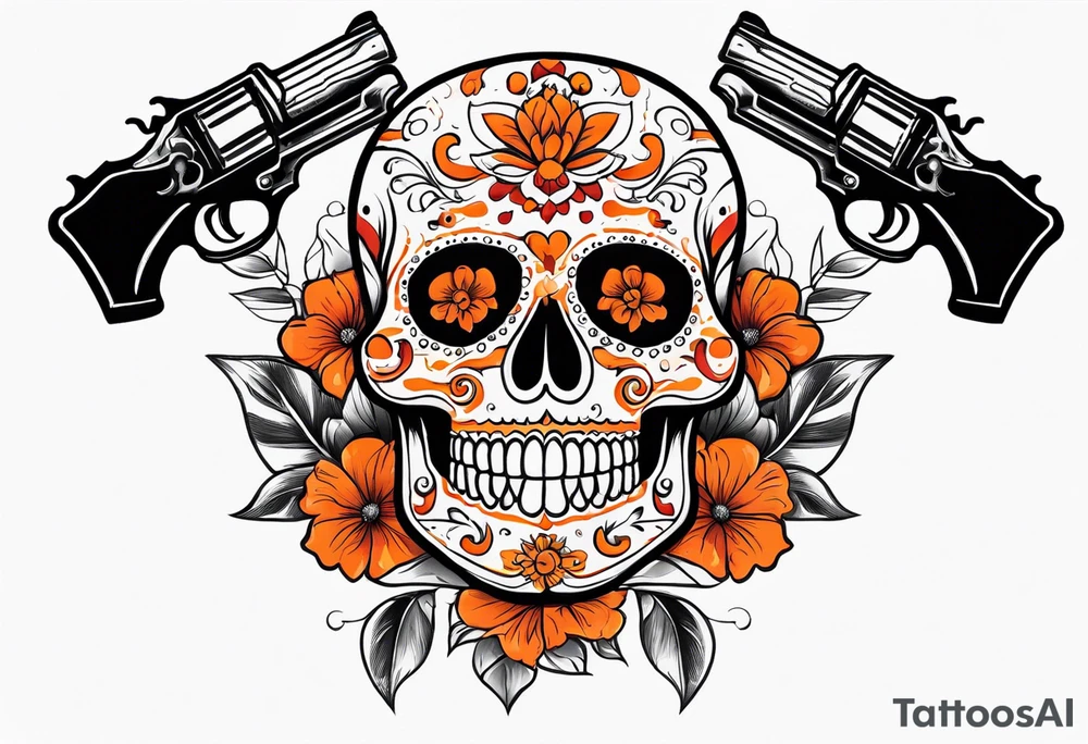 Orange Sugar skull with guns that are orange and red with smoke around it tattoo idea